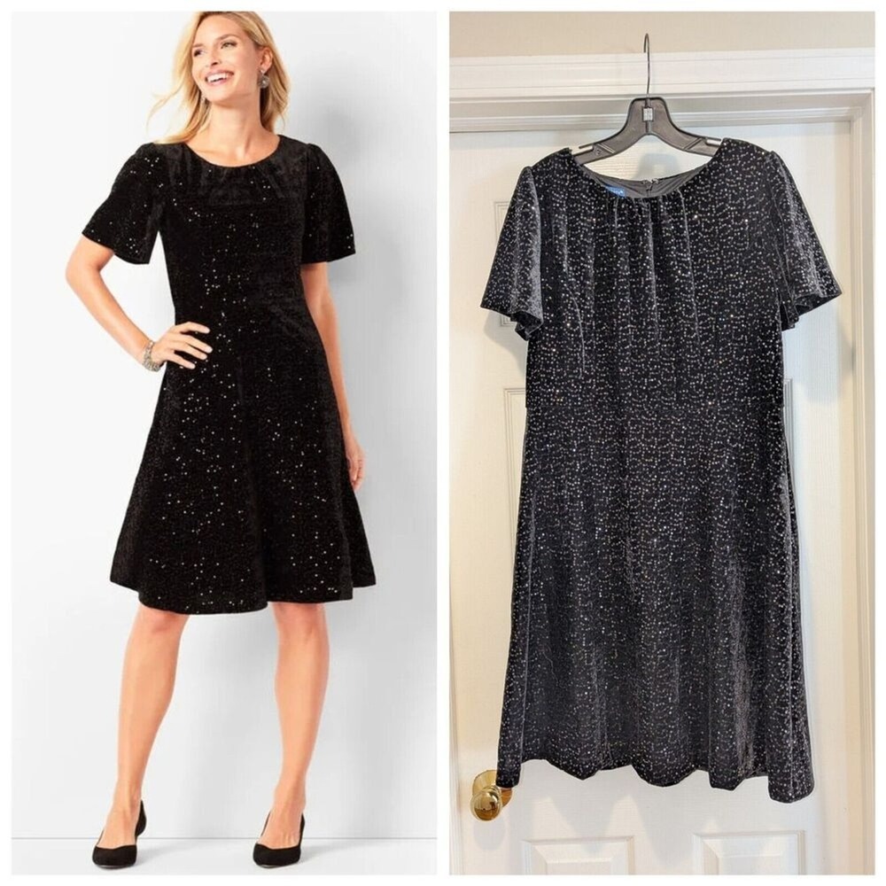 Talbots RSVP‎ Size 12P Black Velvet Sequins Fit And Flare Dress Quiet Luxury
